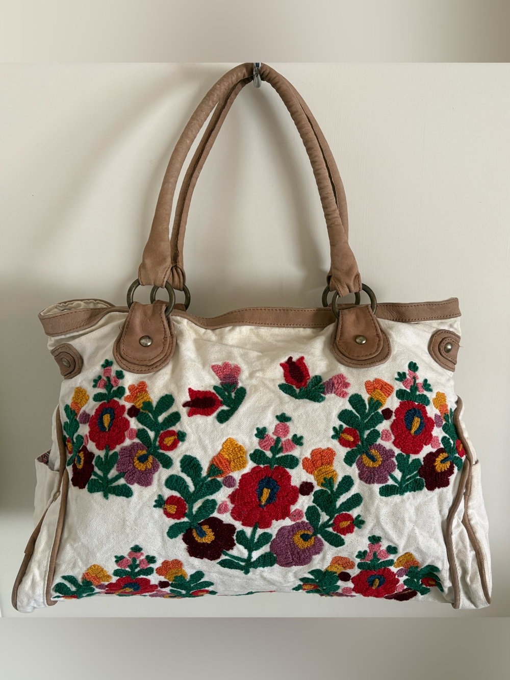 White Floral Embroidered Tote with Brown Handles